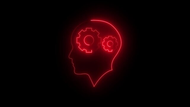 Animated glowing red human head with two gear icon on black background.4k video