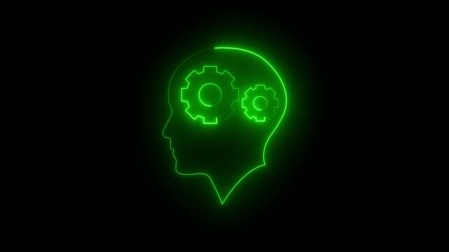Animated glowing green human head with two gear icon on black background.4k video