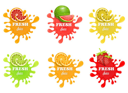 Colorful fresh fruit juice splash vector icons with various fruit toppings.