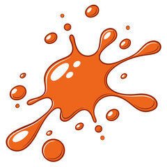 A bright orange paint splatter with rounded droplets radiating outward from a central blob. It has a smooth, cartoon-like style with glossy highlights, giving it a playful and eye-catching look.