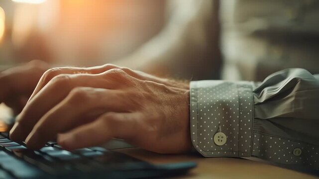 Close-up of a man's hands typing on a keyboard with a blurred background and warm lighting.