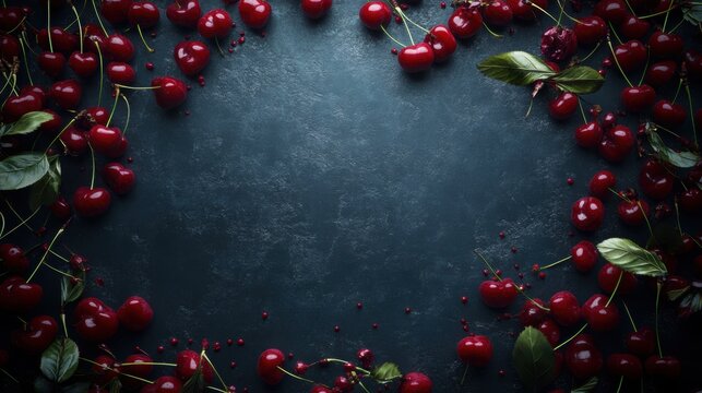 Vibrant red cherries bordering dark textured background with green leaves