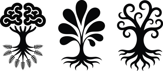 Obraz premium Displaying three unique black stylized tree symbols with extensive root formations on a clear white backdrop