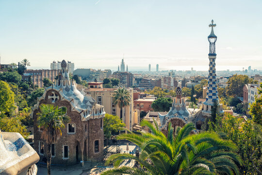 View of Parc Guell architecture in Barcelona on a sunny day