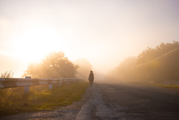 Naklejka premium A woman walks through thick fog on a deserted road as the sun rises in the distance, casting soft light on the serene scene of nature awakening.
