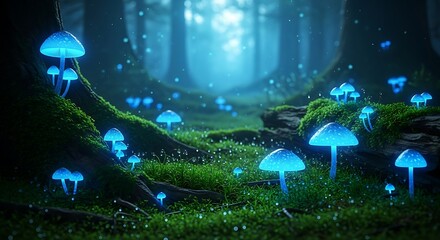 Fototapeta premium Numerous glowing blue fungi illuminate a lush, mysterious forest floor at night