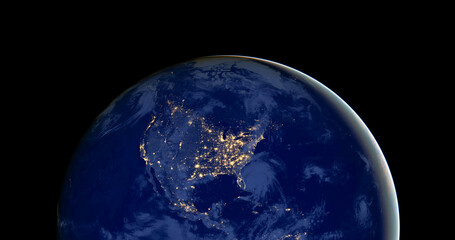 Earth at night view of North America city lights isolated on black background. Elements of this image furnished by NASA. © gizemg