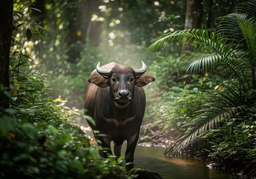 Anoa, the rare dwarf buffalo native to Sulawesi, Indonesia, standing in tropical rainforest habitat. Endangered wildlife species captured in natural environment with soft jungle lighting and realistic