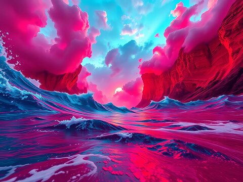Crimson tides and azure waves of nations collide in a skewed, expansive vista, bursting with hyperreal hues,  global,  wide angle