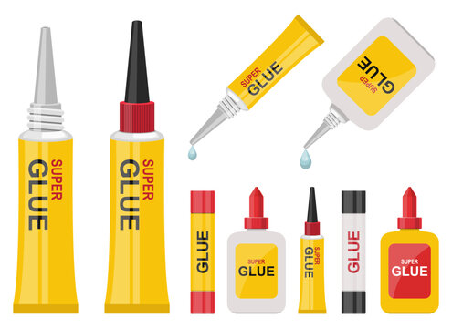 Assortment of super glue containers in tube, stick, and bottle forms.