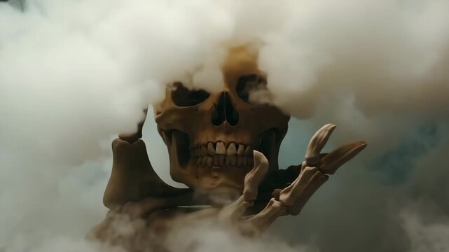 Skeletal hand gripping skull while clouds form in the background