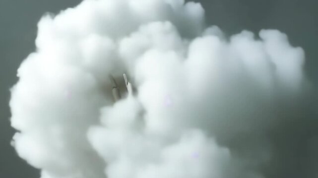 Skeletal hand gripping skull while clouds form in the background