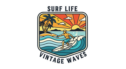 Fototapeta premium Surfing logo, vintage waves emblem, surf life badge, retro beach icon
