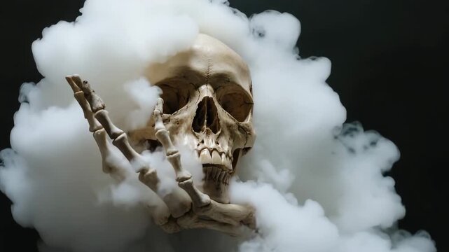 Skeletal hand gripping skull while clouds form in the background