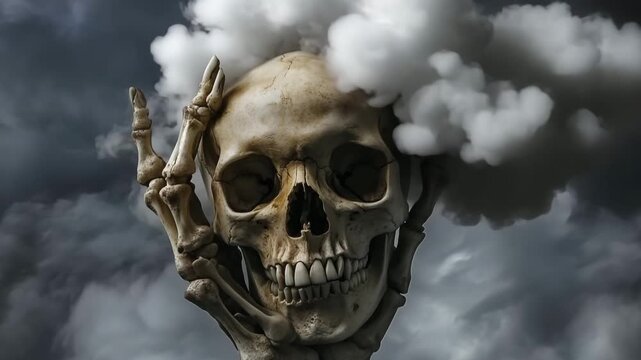 Skeletal hand gripping skull while clouds form in the background