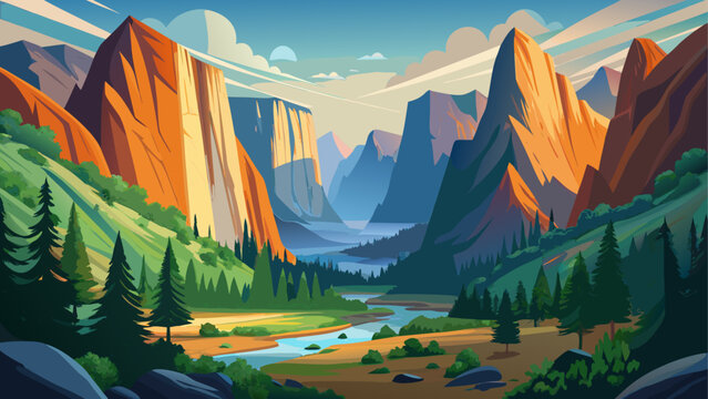 A view of Yosemite Valley surrounded by tall granite cliffs open natural terrain clean minimal vector illustration flat design calm natural landscape