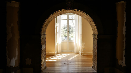 Fototapeta premium Bright Sunlight Illuminating an Empty Room with Peeling Paint Through an Archway
