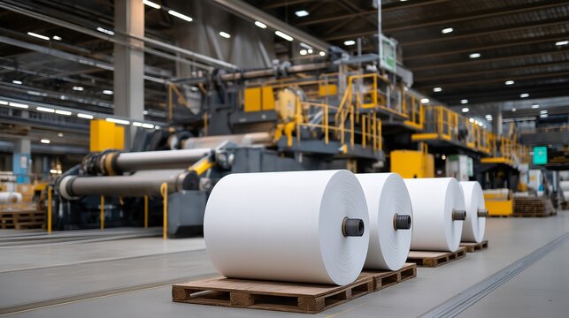 Paper mill factory interior with large industrial rollers processing pulp into paper sheets, perfect for paper manufacturing, industrial production, pulp and paper industry, factory process, raw