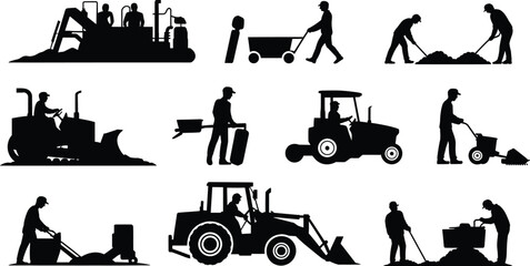 Construction and agriculture worker silhouettes set, tractor, bulldozer, excavator, lawn mower machines, heavy equipment operators, rural industry and farming vector illustration collection © Hello World