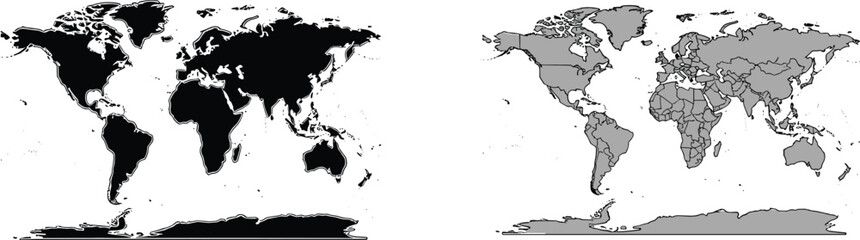 World map black and white political and silhouette vector illustration isolated on white background
