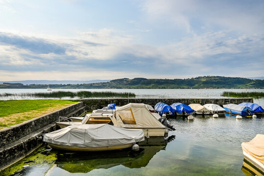 Murten, Morat, Murtensee, See, Seeufer, Schiffssteg, Boote, Mont Vully, Weinberge, Schifffahrt, Seerundfahrt, Weindorf, Weinregion, Weinbauer, Winzerd&ouml;rfer, Wanderweg, Sommer, Schweiz 