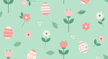 Fototapeta premium Illustration of floral pattern with Easter eggs and flowers on a soft green background viewed from above