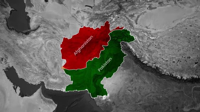 Satellite map Animation showing Afghanistan and Pakistan with an illuminated border