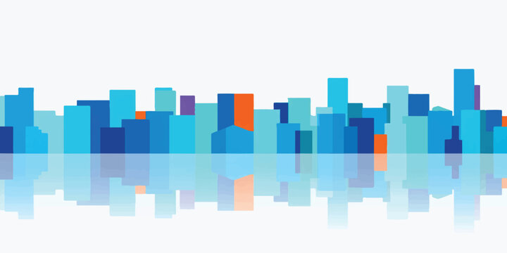 Abstract blue city skyline vector illustration with geometric pixel patterns and digital 3D cube shapes for a modern technology business web banner backdrop