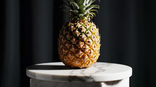 Whole ripe pineapple on a marble pedestal with dark background.