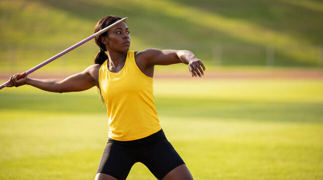 Female athlete throwing javelin on track and field. Black woman competing in athletics event outdoors. Sports and competition concept