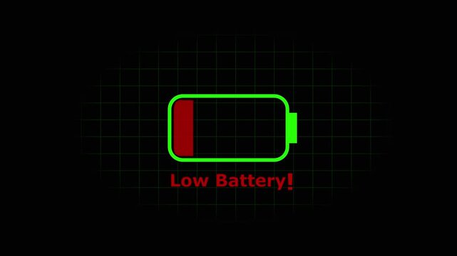 Animation featuring a low battery charge text icon against a black background.4k video