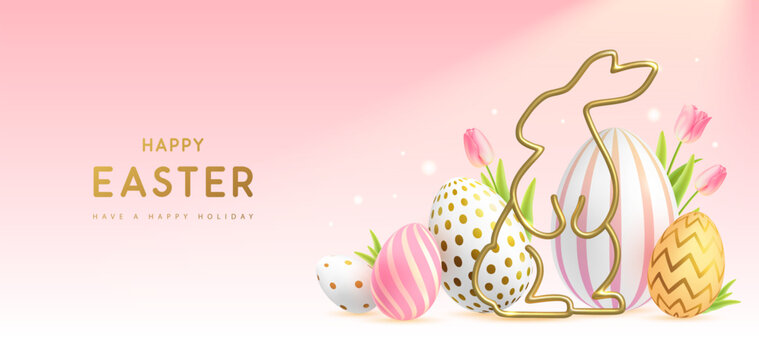 Happy Easter background with colorful easter eggs, golden rabbit silhouette and tulips. Holiday greeting card or poster. Vector illustration
