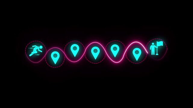 Neon map pin with running person symbol on black background for navigation tracking and location based services