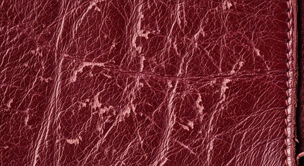 Fototapeta premium Close-up of textured red leather surface with visible scratches and stitching