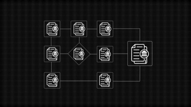 Database schema diagram with interconnected documents and building on black background data flow document building network diagram