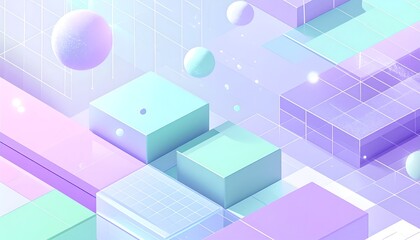Obraz premium Isometric pastel composition with floating spheres and geometric shapes over a grid