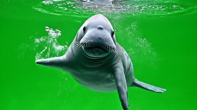 A friendly beluga whale swims gracefully underwater in a vibrant green environment.