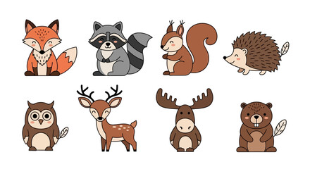 Fototapeta premium Cute cartoon forest animals collection in a simple flat design
