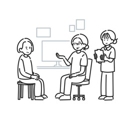 診察をするイラスト　医師、看護師、患者の女性3人　線画のみ