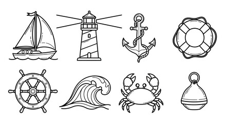 A collection of nautical and marine themed line art vector icons. © denisjack