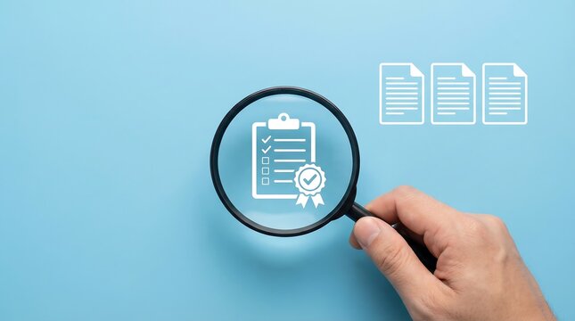A hand holds a magnifying glass, focusing on a digital checklist icon with an award ribbon, signifying high-quality achievement and excellence.