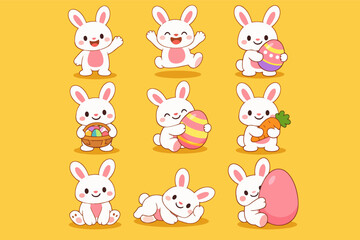 Obraz premium Cute white rabbits in various poses, holding decorated eggs and a fresh carrot for easter