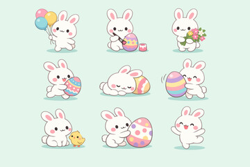 Obraz premium Cute cartoon easter bunnies and colorful eggs displaying various holiday activities