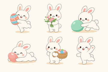 Fototapeta premium Cute white bunnies celebrating easter and carrying colorful eggs, flowers, and baskets