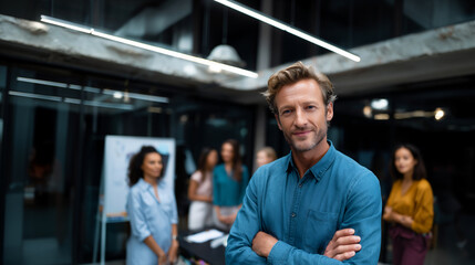 creative leader guiding team, positive teamwork in modern office, mentoring young professionals with confidence