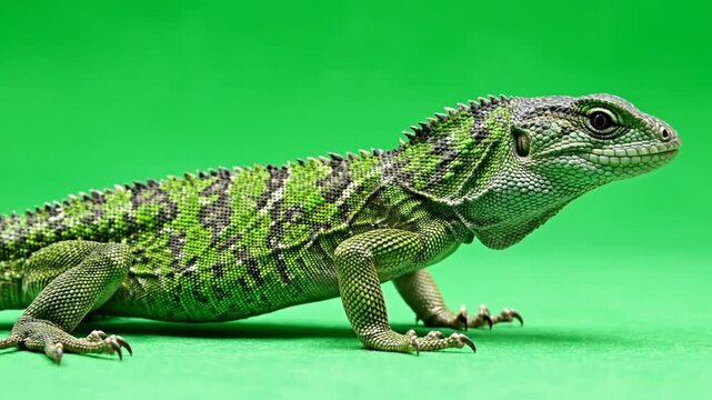 A vibrant green lizard with dark markings stands against a bright green background, showcasing its reptilian scales and alert posture.