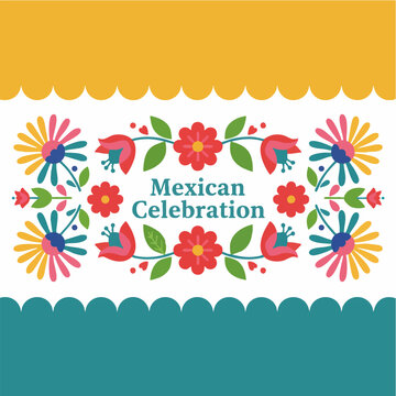 Mexican Celebration Text with Colorful Floral Folk Art Design
