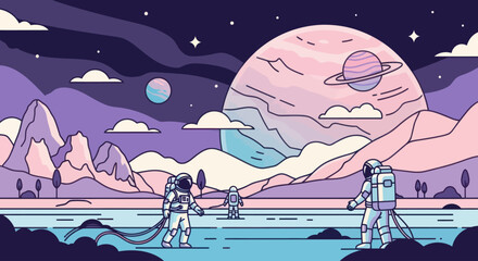 Astronauts explore a beautiful pastel alien planet landscape under a starlit sky. © denisjack