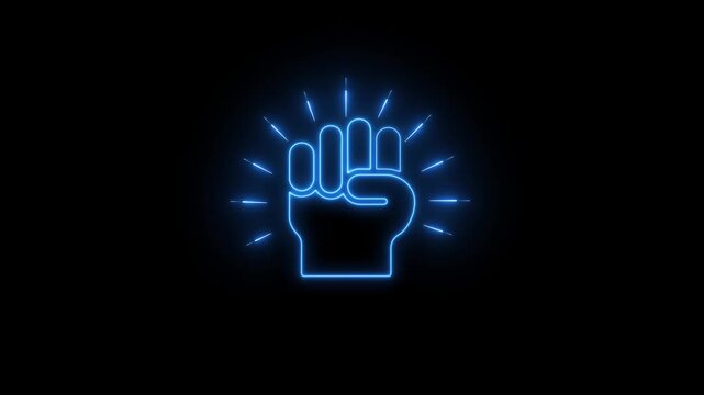 Neon Blue Hand Gesture Sign Stop Refuse Reject Warning Symbol Glowing Light Blue Lines Emitting from Hand on Black Background