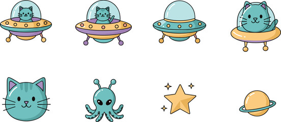Turquoise Cat Astronaut in UFO Vector Set with Alien Octopus Character Star and Planet Icons for Outer Space Design © Lima